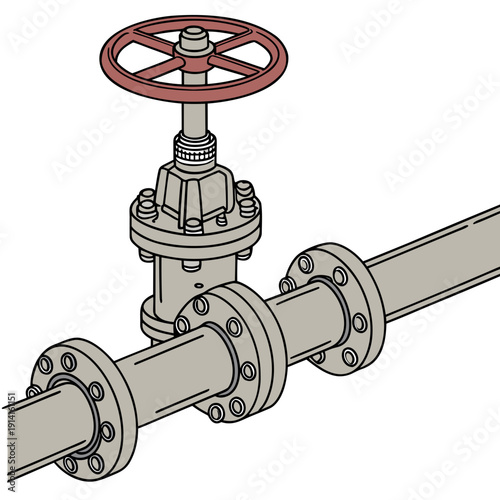 Industrial valve on a pipeline system with red wheel handle