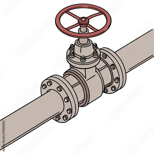 Industrial valve on pipe with red wheel handle metal pipe