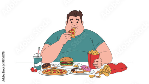 Overweight man sitting at a table and eating a slice of pizza while surrounded by a large pile of unhealthy fast food and sugary snacks.