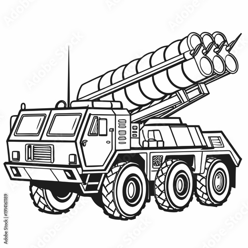 Black and white of a tactical missile launcher truck with six wheels and a raised missile system