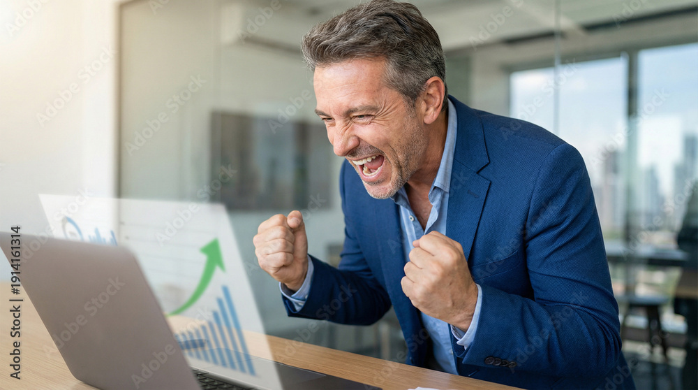 Fototapeta premium joyful businessman pumps his fists while viewing rising financial charts on laptop in bright modern office, celebrating professional achievement, positive results, and business growth with enthusiasm