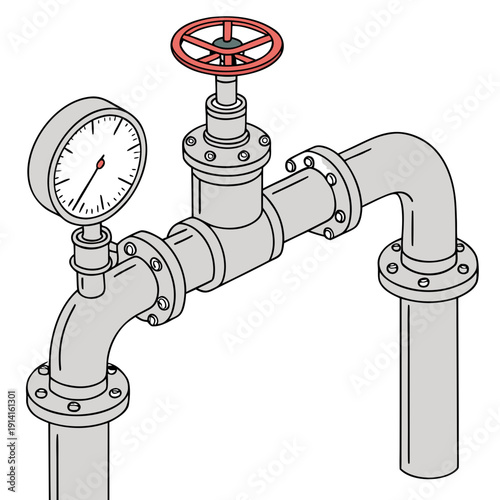 Steel gas pipe system with valve and pressure gauge