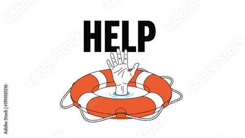 Dramatic conceptual image of a human hand reaching out for help from inside a lifebuoy floating in the water, symbolizing a rescue effort.