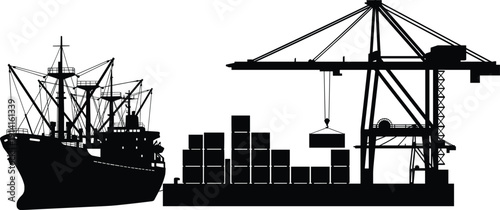 Industrial port silhouette with cargo ship and harbor crane loading containers, maritime logistics, cad drawing flat vector illustration, engineering.