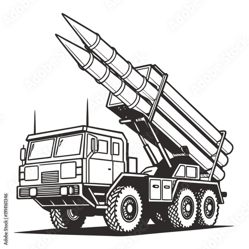 Black and white of a missile launcher truck vehicle