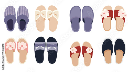 Diverse set of comfortable indoor slippers for home use, featuring different colors, patterns, and decorative floral or bow details.