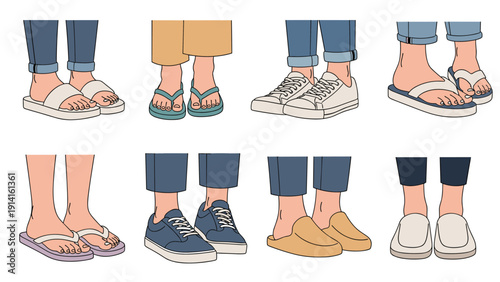 Various pairs of feet wearing different types of casual footwear including sneakers, flip flops, sandals, and loafers for daily use.