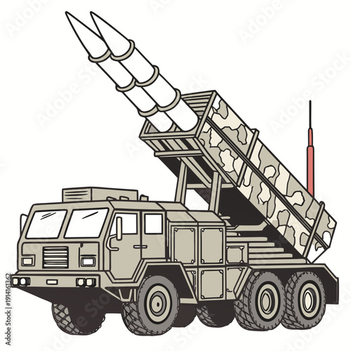 Camouflaged military truck with missile launcher vehicle