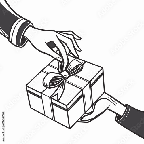 Black and white of two hands exchanging a gift box