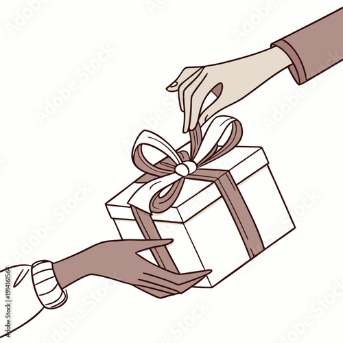 Hands exchanging gift box with ribbon giving