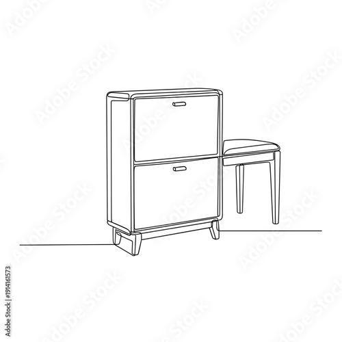 Minimalist bedside cabinet with stool in line art style