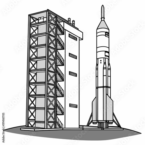 Space rocket on launchpad with service tower rocket launch