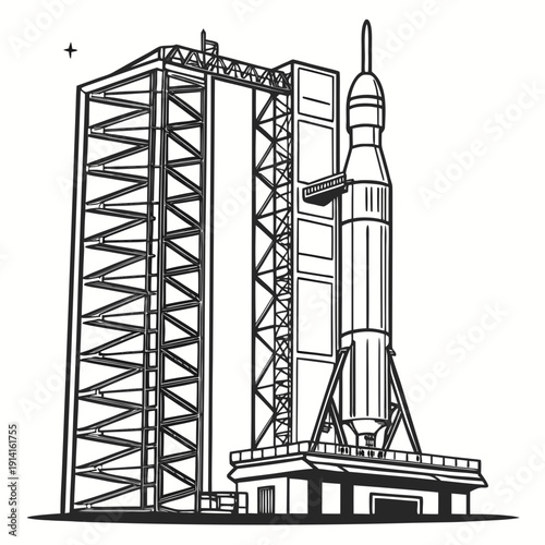 Black and white of a rocket on a launchpad space line space exploration 1
