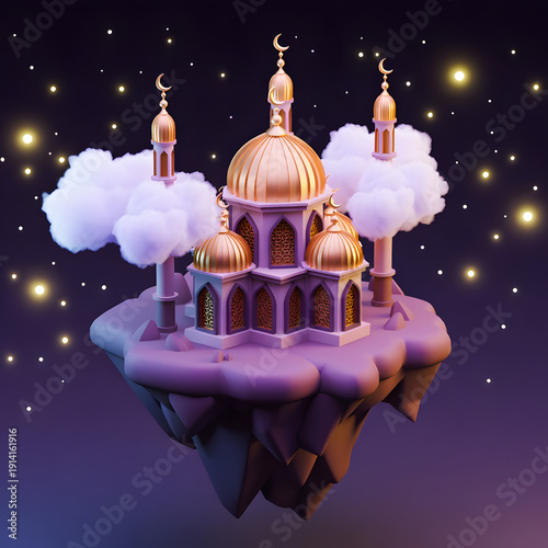 Enchanting golden mosque floats serenely among clouds under a starry night sky.