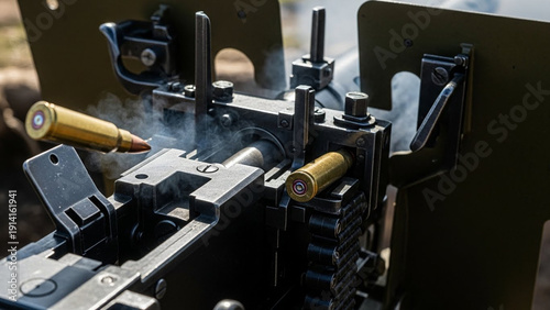 Close-up of a machine gun firing bullets, showing the mechanics and action of the weapon.