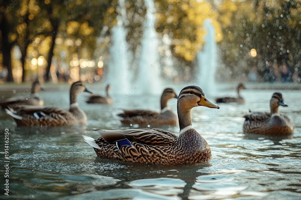 Fototapeta premium Ducks swimming in a city park fountain surrounded by urban landscape and golden trees, generative ai