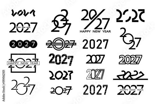 Big set of 2027 number design templates. 2027 New Year logo text design. Collection of 2027 Happy New Year lettering. Vector illustration isolated on white bacground.