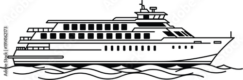Black and White Cruise Ship Ferry Vector Icon Isolated on White Background for Travel Agency Logos, Nautical Transport Industry Symbols, and Marine Tourism Illustrations