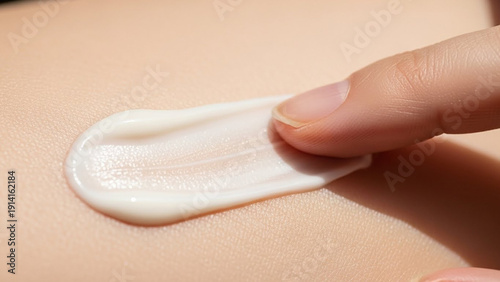 Close-up of a finger applying white cream to skin for moisturizing and skincare.