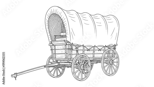 Detailed black and white line drawing of a traditional western covered wagon used by pioneers for traveling across rugged landscapes.