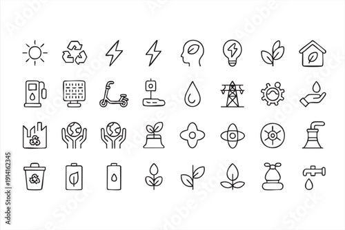 Renewable energy outline icons with solar and electric symbols