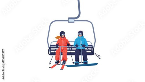 Smiling man and woman in winter gear riding a chairlift up a steep snowy mountain slope during a winter vacation at a ski resort.