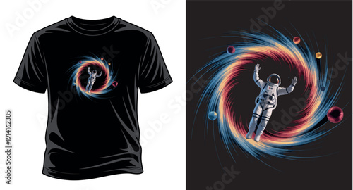 Astronaut falling into colorful spiral black hole vortex vector illustration tshirt graphic