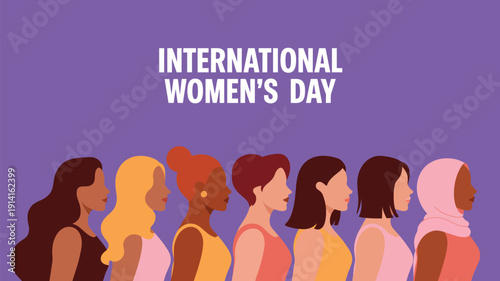 international women’s day banner with diverse female profiles illustration, empowerment equality celebration poster template