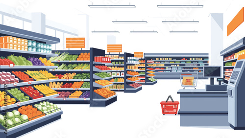 Empty aisles of a large modern supermarket filled with fresh vegetables, colorful fruits, and groceries on organized shelves.