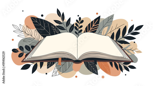 Open book surrounded by artistic fall leaves and abstract shapes representing wisdom, education, and peace of mind.