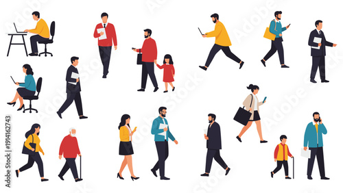 Large group of diverse people in casual and professional attire walking, sitting, and using their mobile devices.