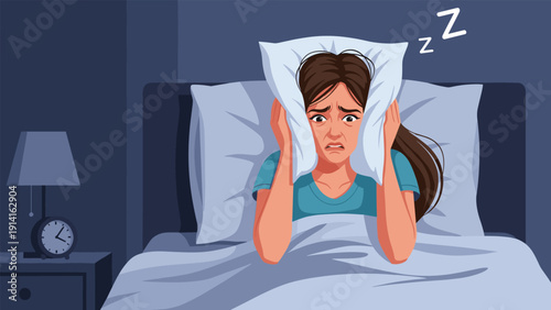 Stressed woman in bed covering her ears with a soft pillow to block out loud noise while trying to fall asleep.