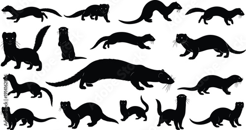 Black ferret silhouettes collection, various poses of mink weasel animals isolated on white background, wildlife vector illustration set