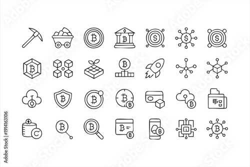Cryptocurrency thin line vector set with wallet and mining symbols