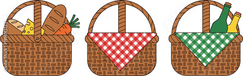 Set of Traditional Wicker Picnic Baskets with Gingham Liners, Fresh Bread, Cheese, and Wine Bottles for Summer Outdoor Dining and Leisure Graphic Designs