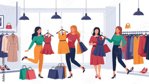 Group of fashionable women happily shopping for new dresses and outfits in a brightly lit clothing boutique with racks and shopping bags.