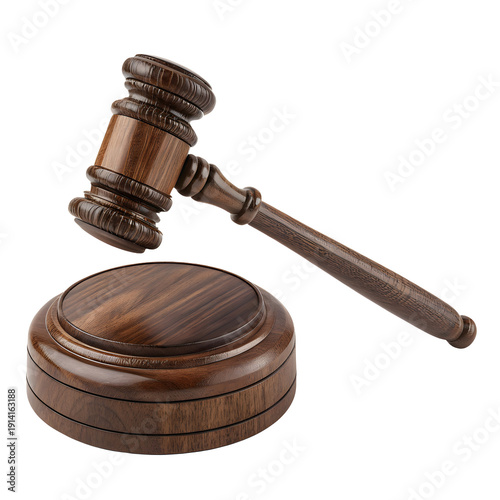 Judge's gavel hammer for adjudication, wooden auction hammer with a wooden stand isolated on white or transparent background.