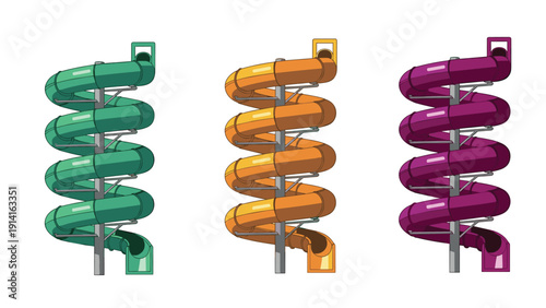Set of three spiral water slides in green, orange, and purple colors for a water park or playground architectural and fun design project.
