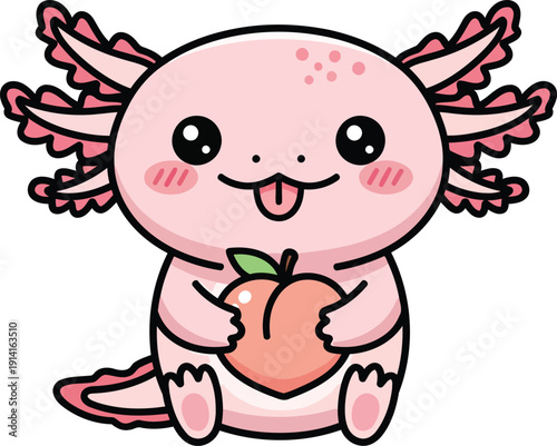 Cute cartoon axolotl holding a peach with blushing cheeks kawaii amphibian