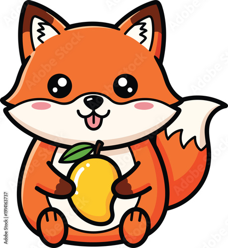 Cute cartoon fox sitting and holding a ripe yellow mango kawaii animal