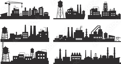 Industrial building silhouettes, factories, smokestacks, warehouses, cranes, towers, infrastructure, architecture, flat vector