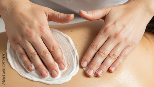 Hands applying cream on the back of a person during a spa treatment for relaxation and wellness.