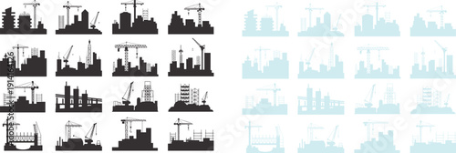 Construction site silhouettes, cranes, scaffolding, building equipment, architecture, civil engineering, flat vector