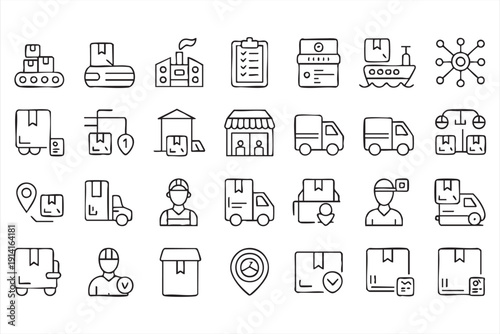 Logistics and delivery outline icons with transport trucks
