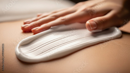 Close-up of a hand applying cream on a persons back for skincare and relaxation.