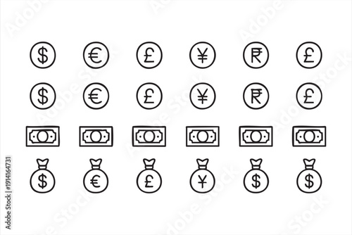 Currency Line Art Set for Fintech Interface and Payment Systems