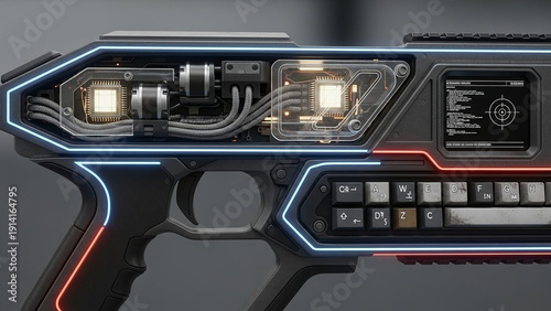 Futuristic Cyberpunk Weapon - Detailed View of Advanced Technology and Circuitry.