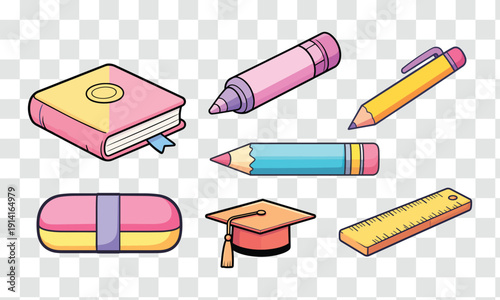 Cute Isometric School Supplies Vector Set. Back to School Education Stationery Icons Book Pencil Marker Ruler Eraser Grad Cap.