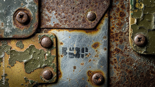 Close-up of weathered metal plates with rivets and rust, showing texture and age details.