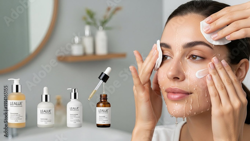 Woman Applying Skincare Products in Bathroom with Various Bottles and Serums.